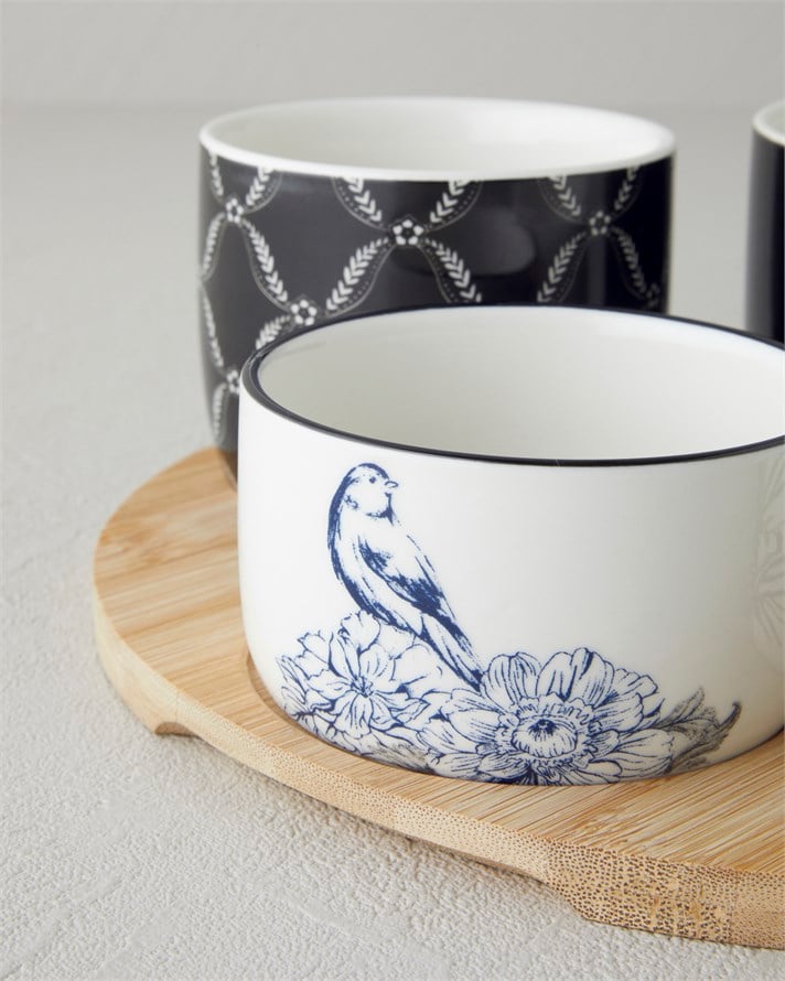 Floral Grace Stoneware 5 Parça Sunumluk 25 cm Siyah - Beyaz