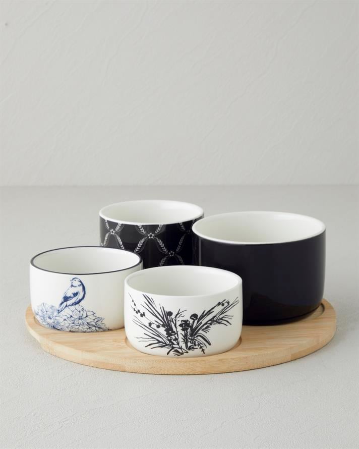 Floral Grace Stoneware Sunumluk Siyah - Beyaz