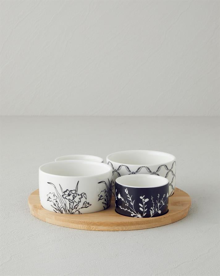 Floral Grace Stoneware Sunumluk Siyah - Beyaz