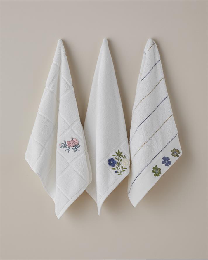 Floral Line Pamuk Nakışlı Yüz Havlusu 50x80 cm Beyaz