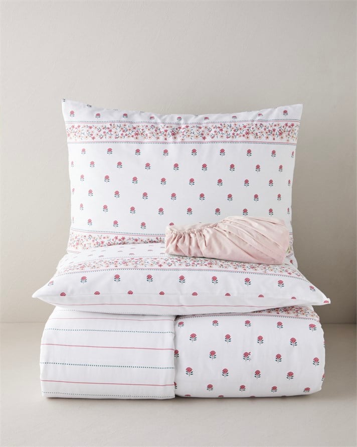 Floral Lines Pamuk Çift Kişilik Çarşaflı Nevresim Takımı 200x220 cm Pembe - Yeşil
