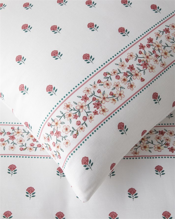 Floral Lines Pamuk Çift Kişilik Çarşaflı Nevresim Takımı 200x220 cm Pembe - Yeşil