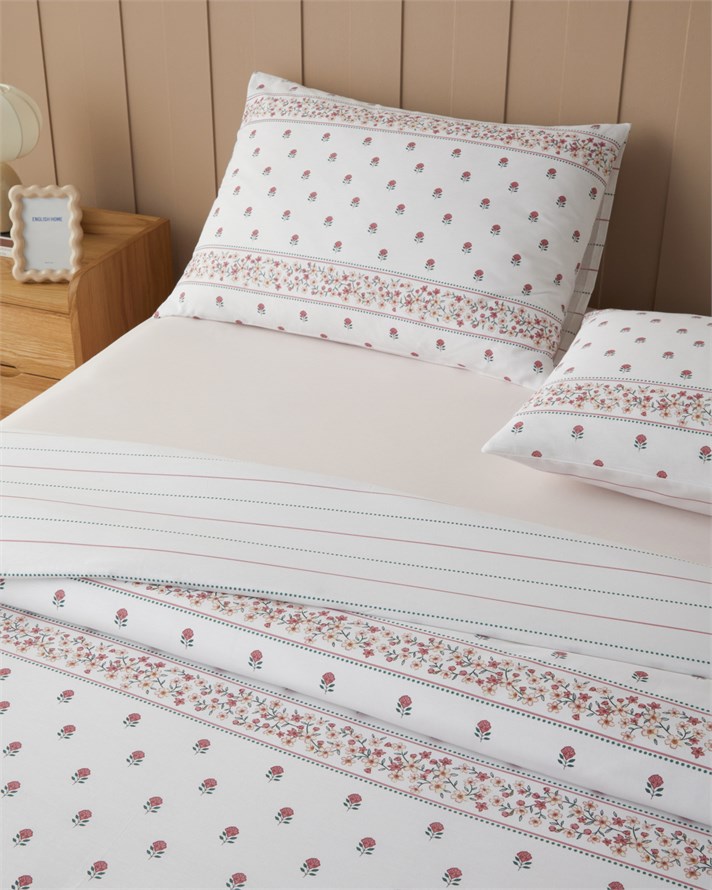 Floral Lines Pamuk Tek Kişilik Çarşaflı Nevresim Takımı 160x220 cm Pembe - Yeşil