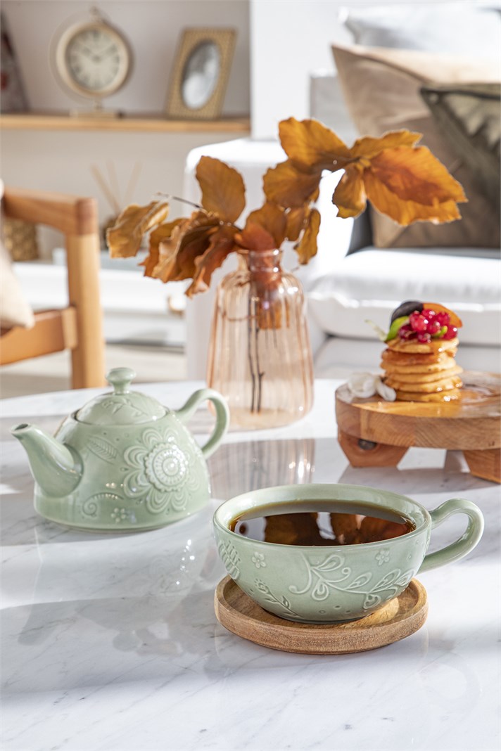 Floral Poem Stoneware Demlik Seti 350 ml + 250 ml Açık Yeşil