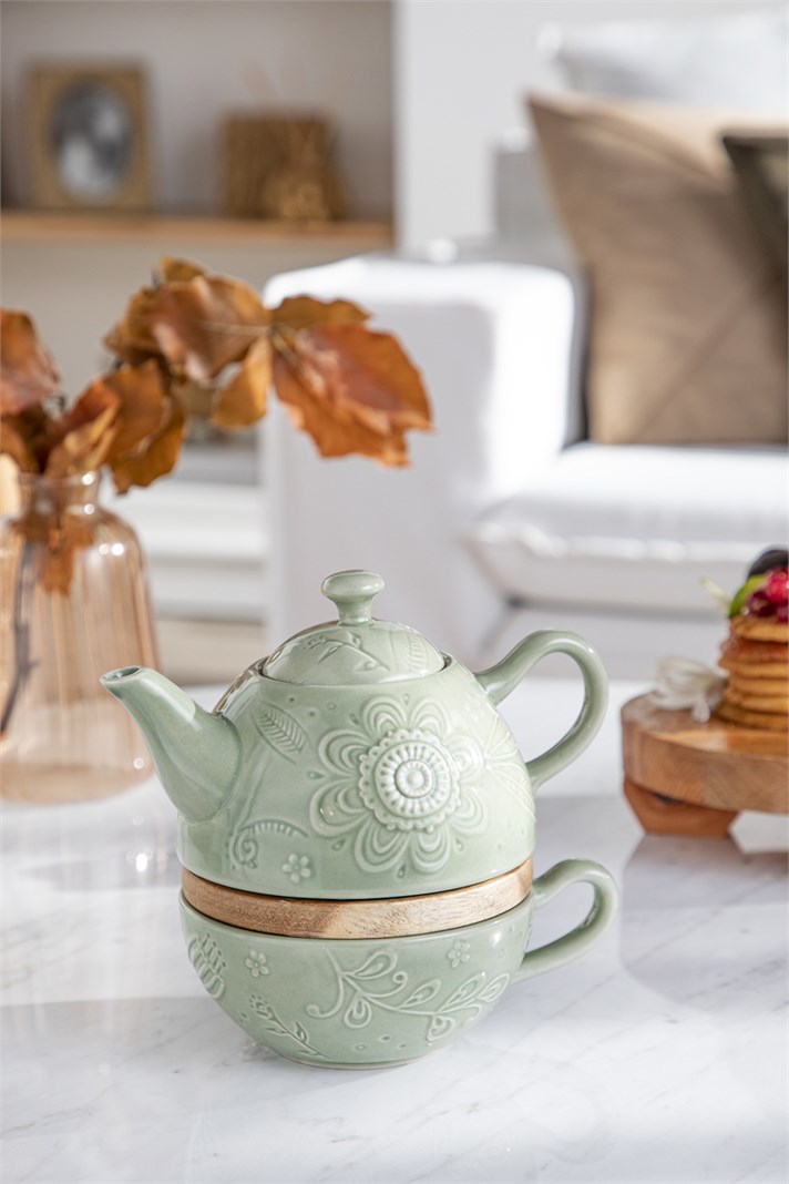 Floral Poem Stoneware Demlik Seti 350 ml + 250 ml Açık Yeşil
