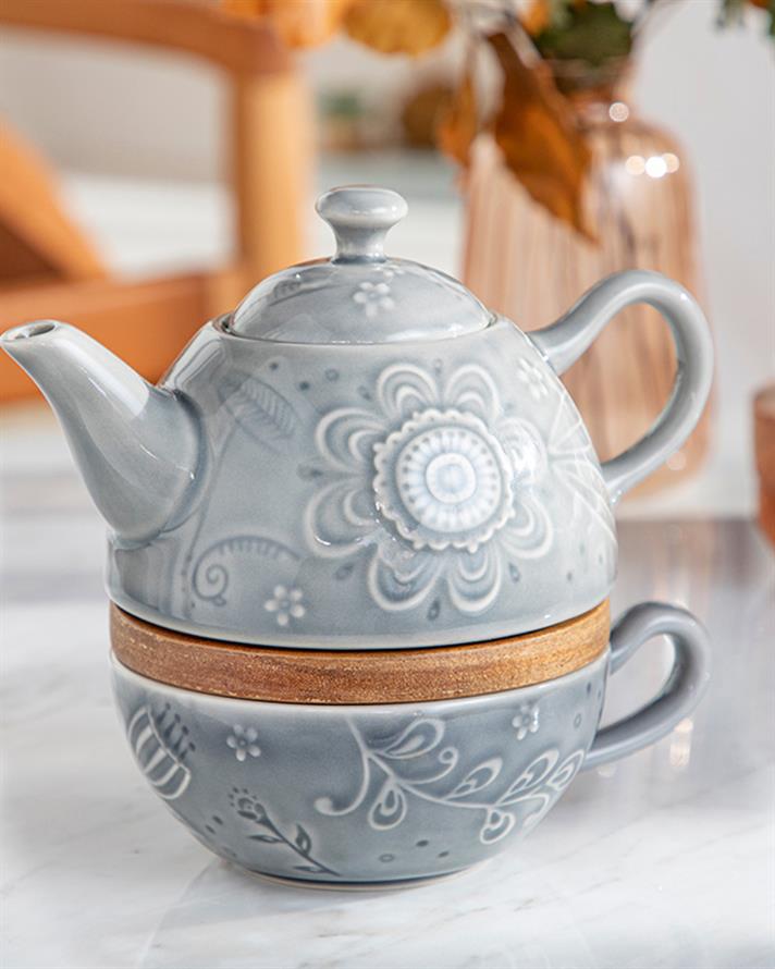 Floral Poem Stoneware Demlik Seti 350 ml + 250 ml Gri