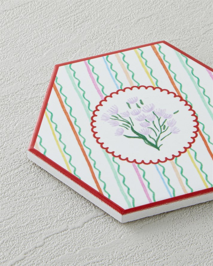 Floral Stripe Seramik Bardak Altlığı 11 cm Renkli