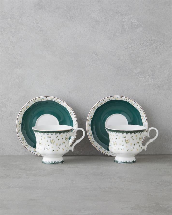 Florana New Bone China 4 Parça 2 Kişilik Çay Fincanı Takımı 220 ml Yeşil