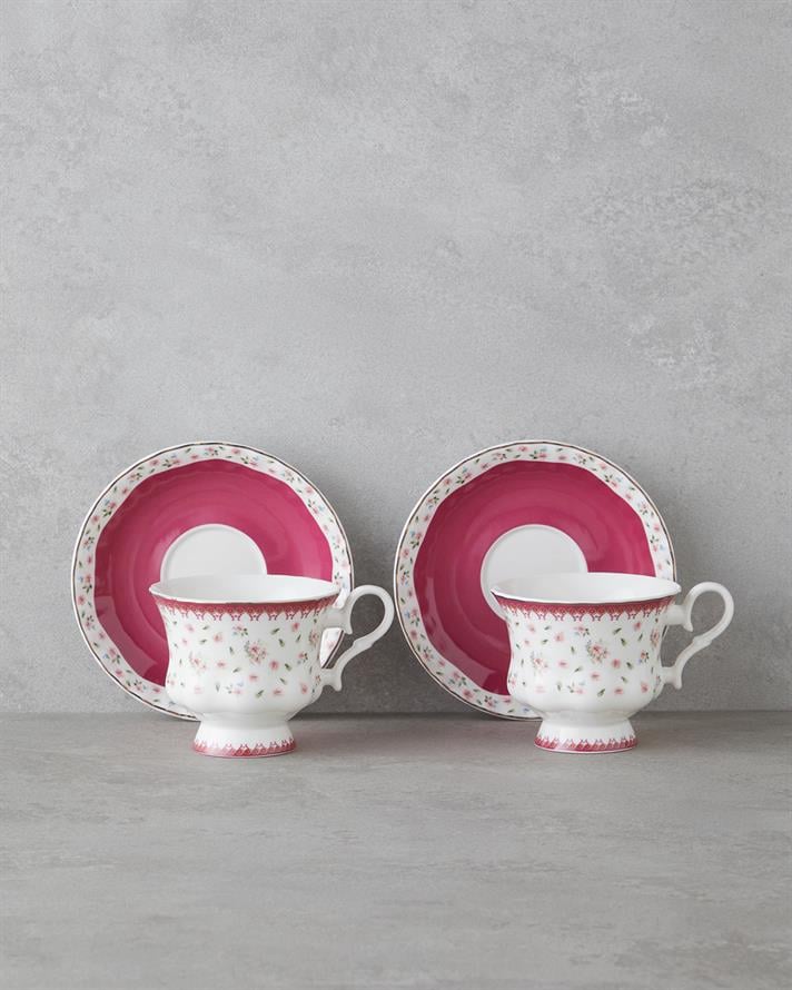 Florana New Bone China 4 Parça 2 Kişilik Çay Fincanı Takımı 220 ml Koyu Pembe