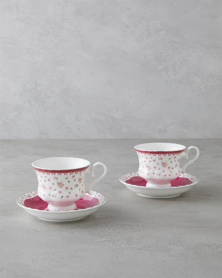 Florana New Bone China 4 Parça 2 Kişilik Çay Fincanı Takımı 220 ml Koyu Pembe