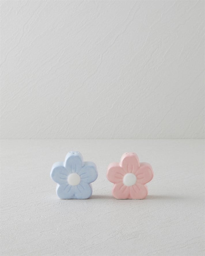 Flower Stoneware 2li Tuzluk - Biberlik 6x3,5x5,5 cm Pembe - Mavi