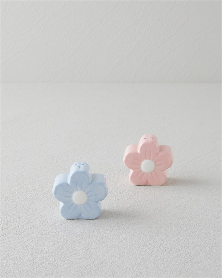 Flower Stoneware 2li Tuzluk - Biberlik 6x3,5x5,5 cm Pembe - Mavi