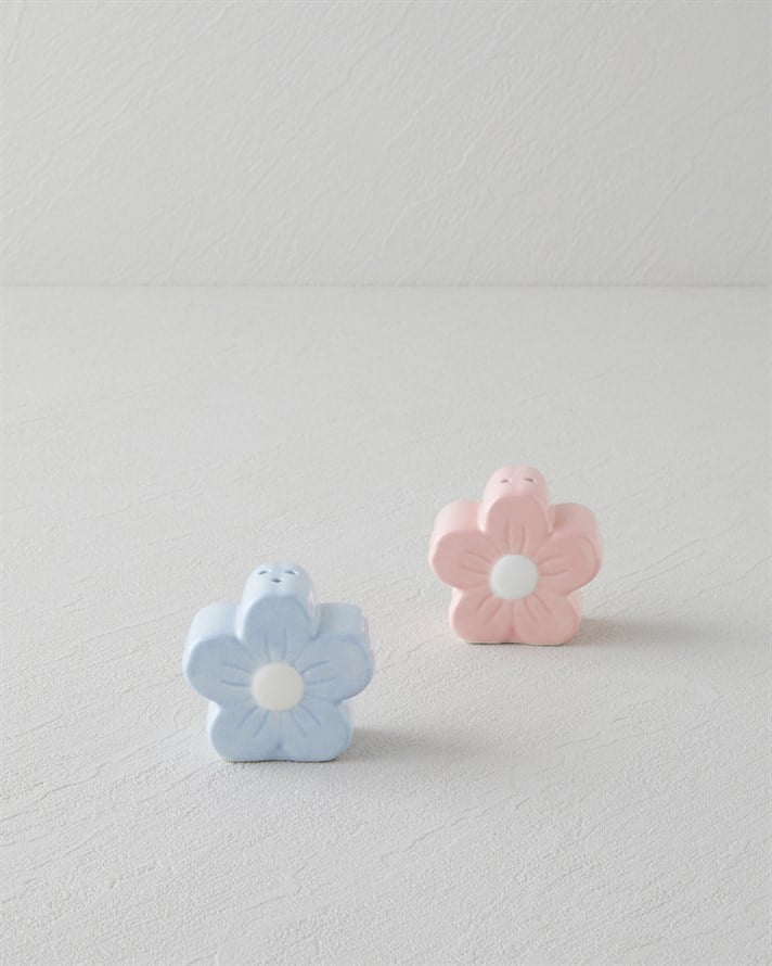 Flower Stoneware 2li Tuzluk - Biberlik 6x3,5x5,5 cm Pembe - Mavi