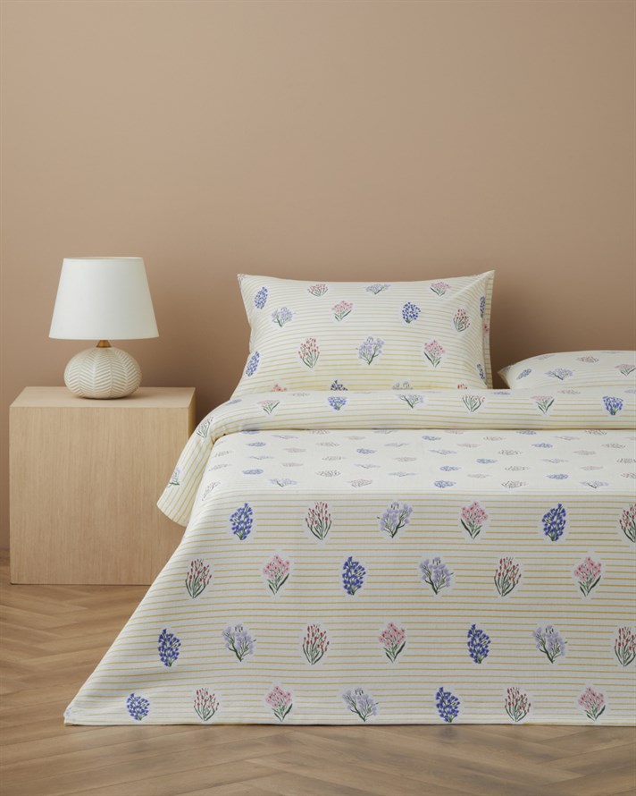 Flower Stripes Baskılı Pamuklu Çift Kişilik Pike Takımı 200x220 cm Sarı