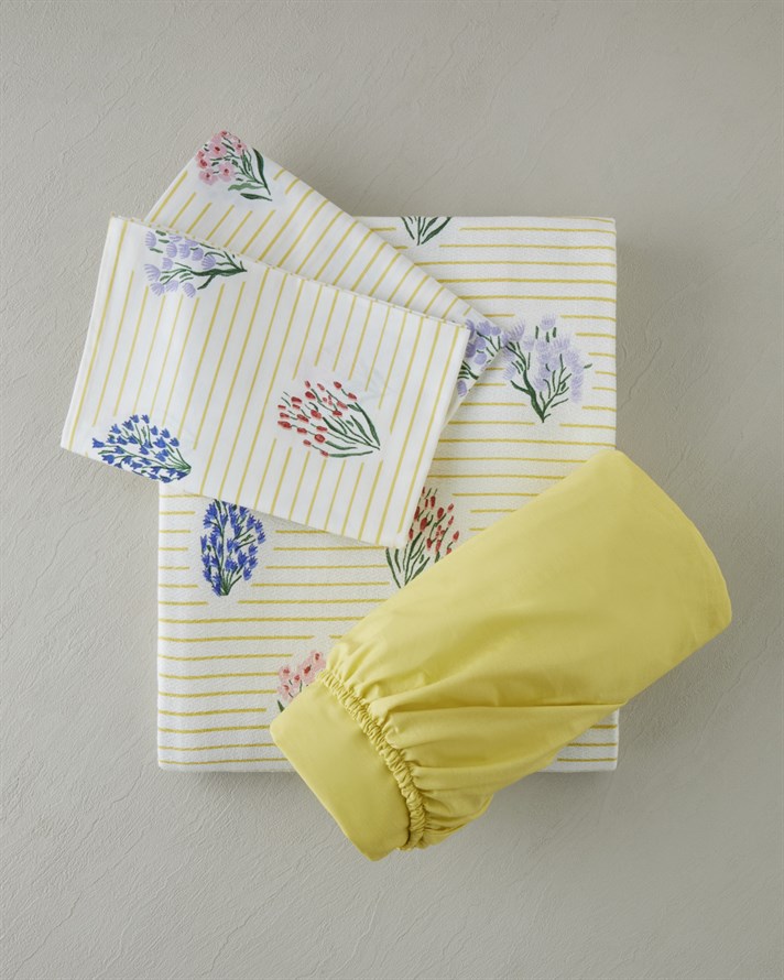 Flower Stripes Baskılı Pamuklu Çift Kişilik Pike Takımı 200x220 cm Sarı