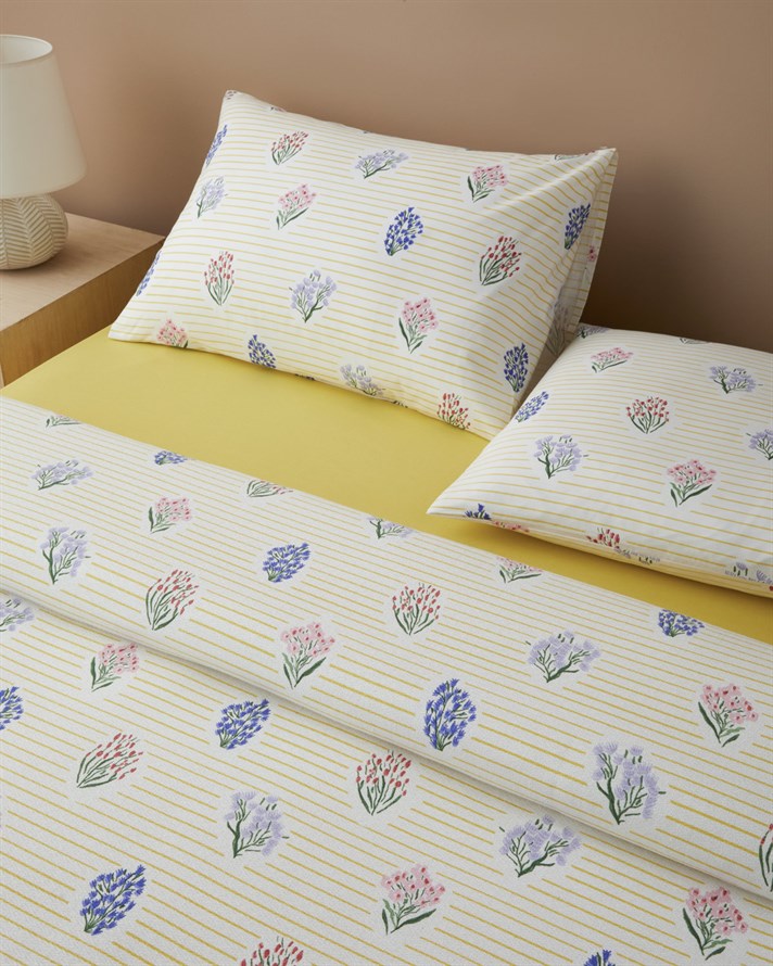 Flower Stripes Baskılı Pamuklu Tek Kişilik Pike Takımı 150x220 cm Sarı