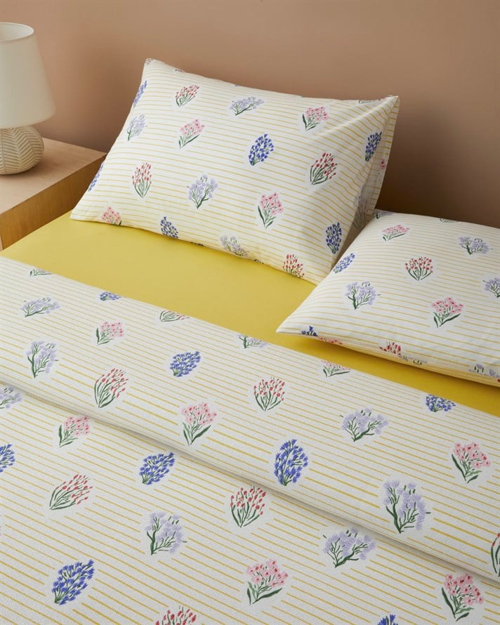 Flower Stripes Baskılı Pamuklu Tek Kişilik Pike Takımı 150x220 cm Sarı