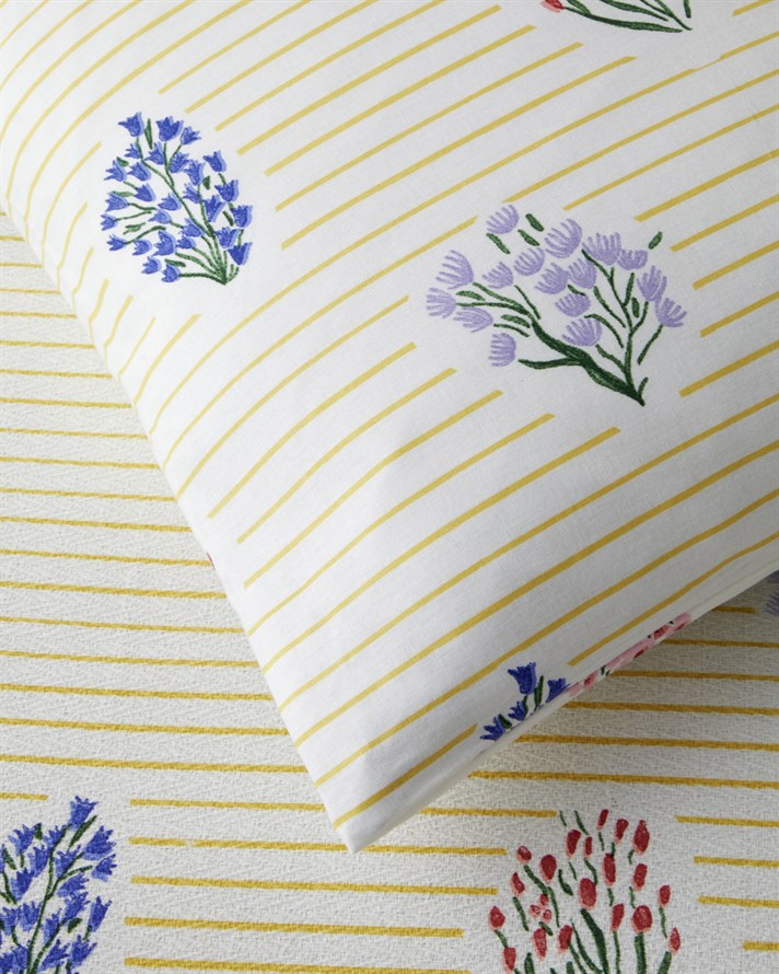 Flower Stripes Baskılı Pamuklu Tek Kişilik Pike Takımı 150x220 cm Sarı