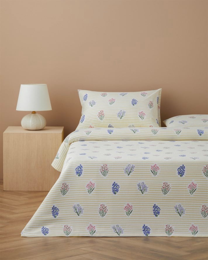 Flower Stripes Baskılı Pamuklu Tek Kişilik Pike Takımı 150x220 cm Sarı