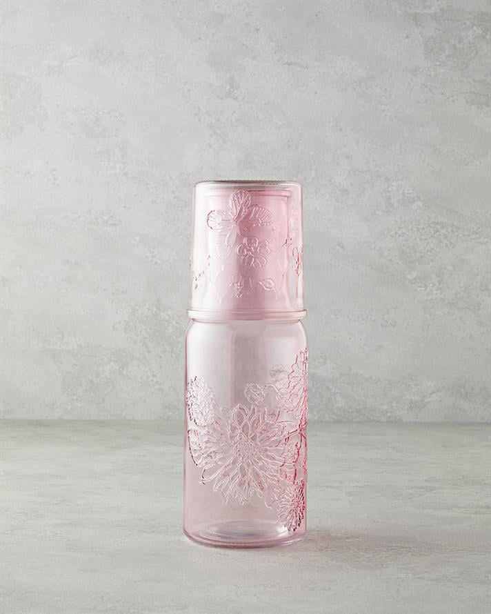 Flowery Cam Başucu Sürahi 1200 ml + 400 ml Pembe