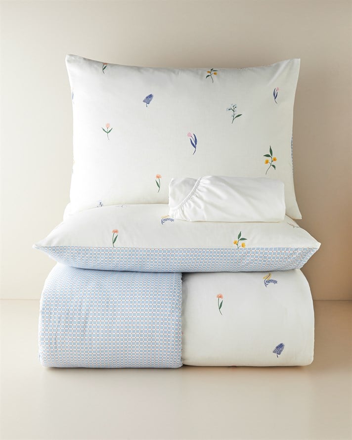 Flowery Kolay Ütülenir Çarşaflı Çift Kişilik Nevresim Takımı 200x220 cm Mavi - Yeşil