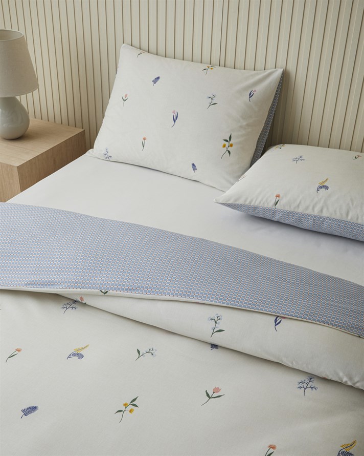 Flowery Kolay Ütülenir Çarşaflı Tek Kişilik Nevresim Takımı 160x220 cm Mavi - Yeşil