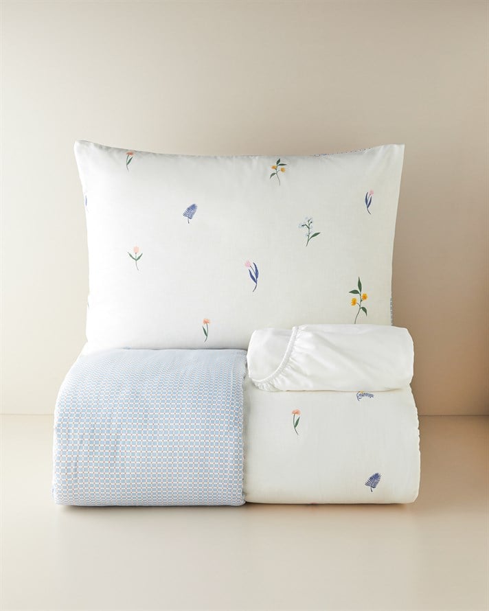 Flowery Kolay Ütülenir Çarşaflı Tek Kişilik Nevresim Takımı 160x220 cm Mavi - Yeşil