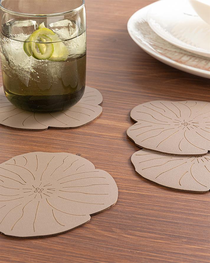 Flowery Suni Deri 4lü Bardak Altlığı Vizon