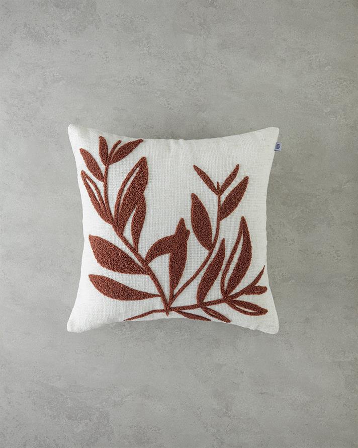 Foglie Punch Nakışlı Kırlent Kılıfı 45x45 cm Ekru