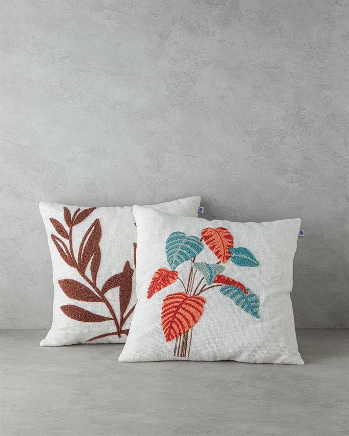 Foglie Punch Nakışlı Kırlent Kılıfı 45x45 cm Ekru