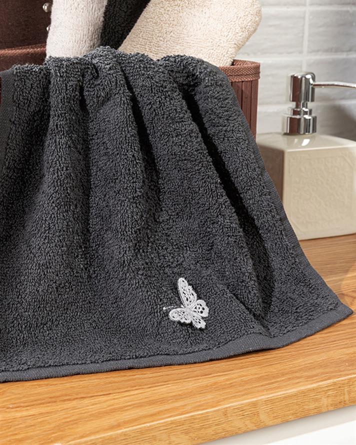 Galia Butterfly Nakışlı Pamuklu El Havlusu 30x40 cm Antrasit