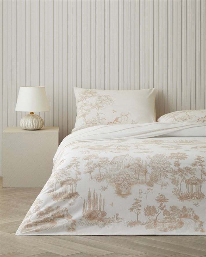 Garden Toile Pamuklu Çarşaflı Çift Kişilik Nevresim Takımı 200x220 cm Bej