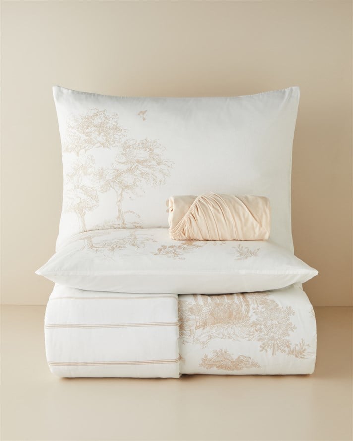 Garden Toile Pamuklu Çarşaflı Çift Kişilik Nevresim Takımı 200x220 cm Bej