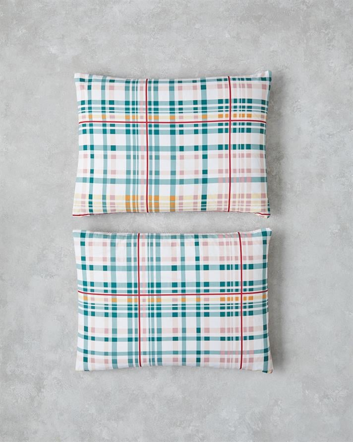 Geo Plaid Pamuklu 2li Yastık Kılıfı 50x70 cm Yeşil-Pembe