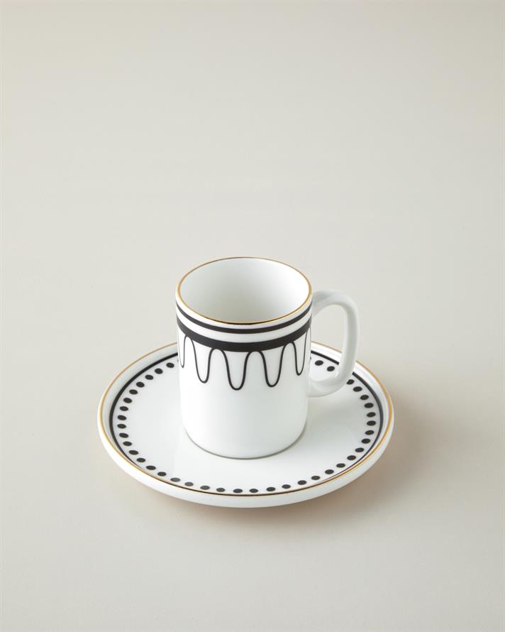 Glowy White Bone Porselen 4 Parça 2 Kişilik Kahve Fincan Takımı 90 ml Siyah-Beyaz-Gold