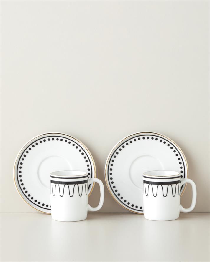 Glowy White Bone Porselen 4 Parça 2 Kişilik Kahve Fincan Takımı 90 ml Siyah-Beyaz-Gold