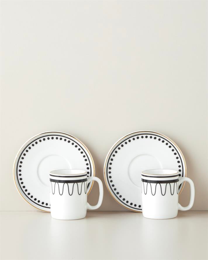Glowy White Bone Porselen 4 Parça 2 Kişilik Kahve Fincan Takımı 90 ml Siyah-Beyaz-Gold