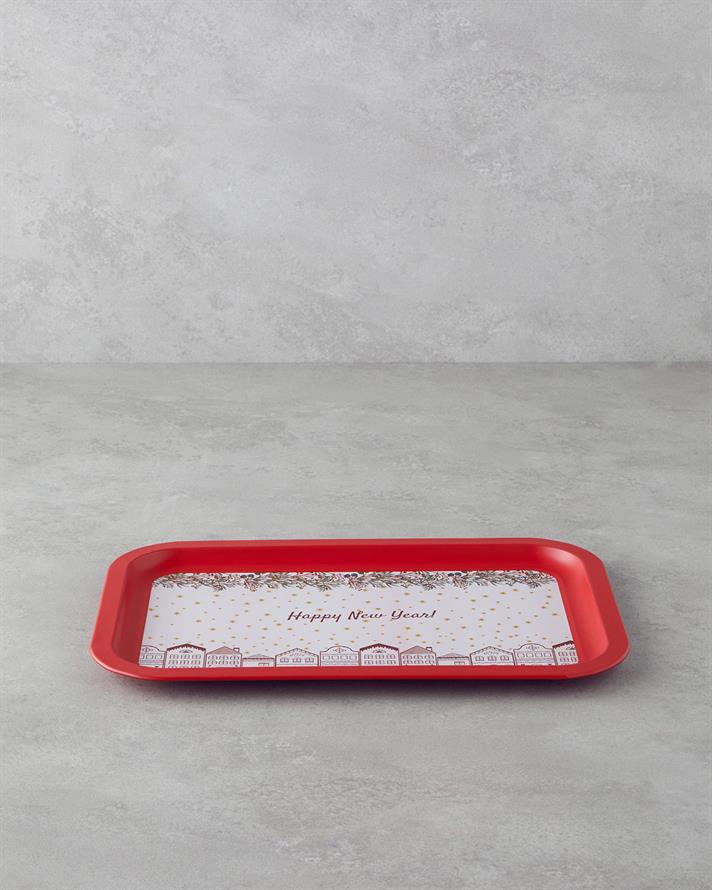 Happy New Year Metal Tepsi 35x23 cm Kırmızı