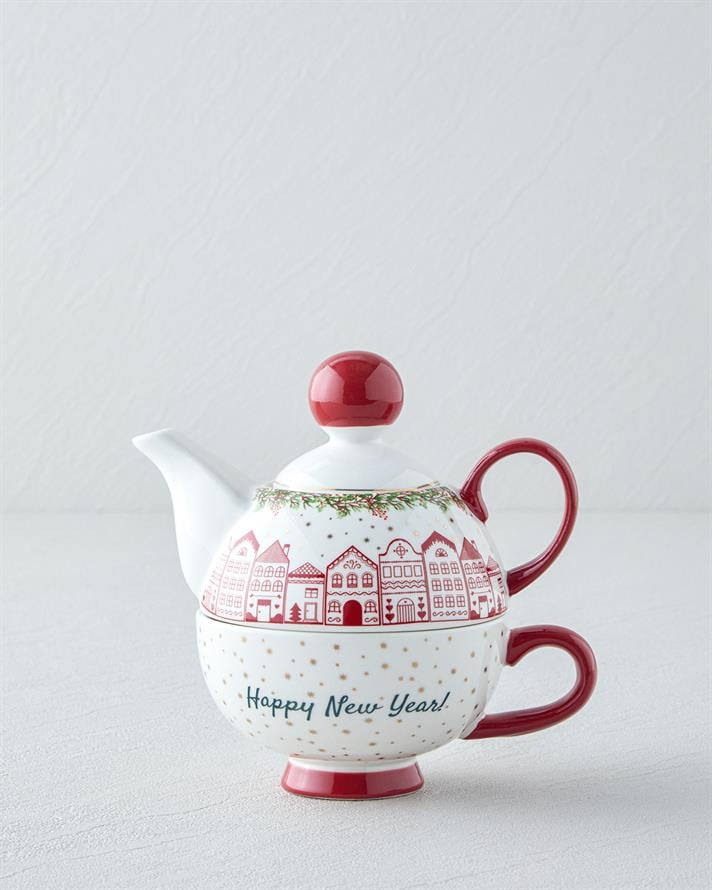 Happy New Year New Bone China Demlik Seti 400 ml Kırmızı