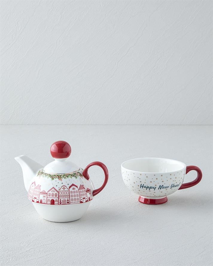 Happy New Year New Bone China Demlik Seti 400 ml Kırmızı