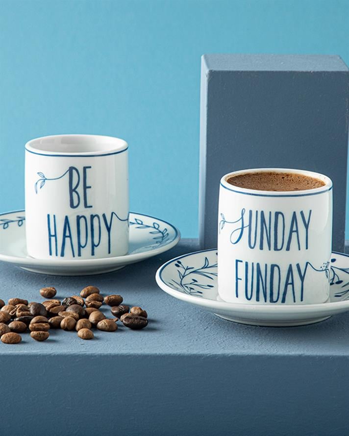 Happy Sunday Porselen 4 Parça 2 Kişilik Kahve Fincan Takımı Lacivert