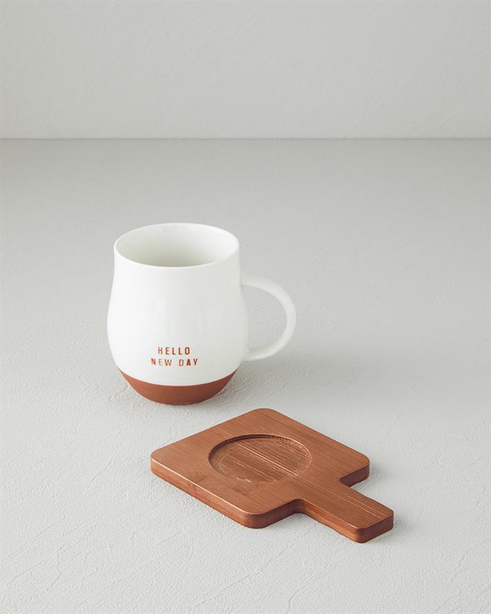Hello New Day New Bone China Bardak Altlıklı Kupa 450 ml Beyaz