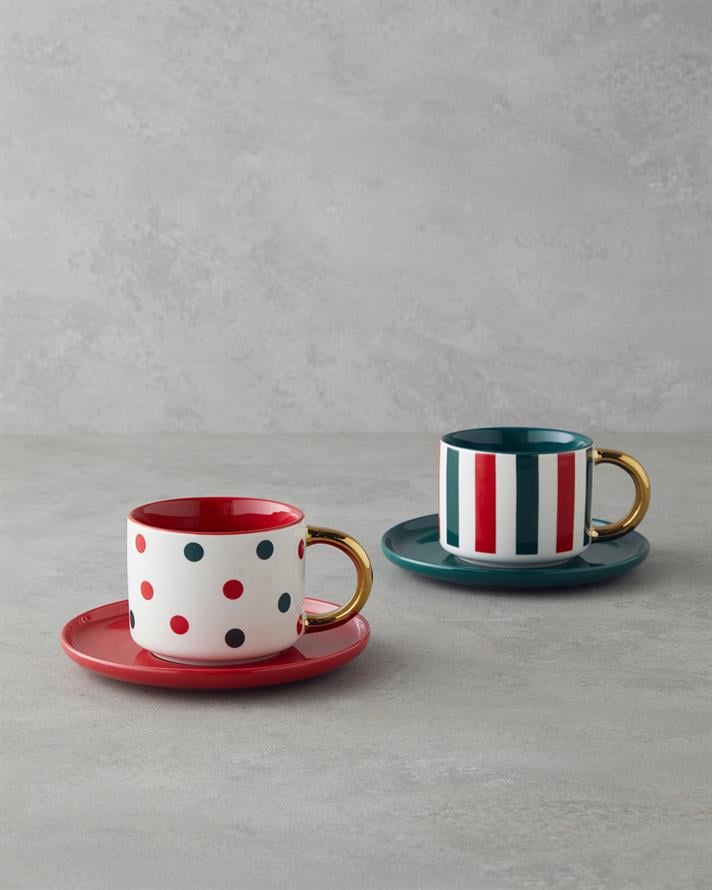 Holiday Cheer New Bone China 4 Parça 2 Kişilik Çay Fincanı Takımı 200 ml Kırmızı-Yeşil-Gold