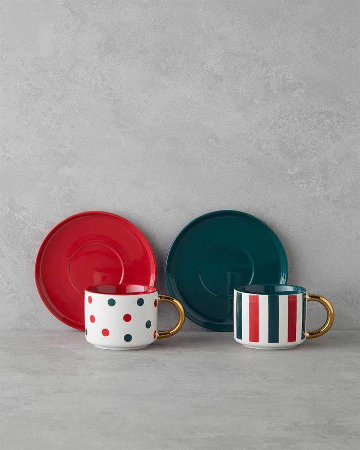 Holiday Cheer New Bone China 4 Parça 2 Kişilik Çay Fincanı Takımı 200 ml Kırmızı-Yeşil-Gold