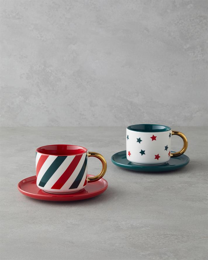 Holiday Shine New Bone China 4 Parça 2 Kişilik Çay Fincanı Takımı 200 ml Kırmızı-Yeşil-Gold