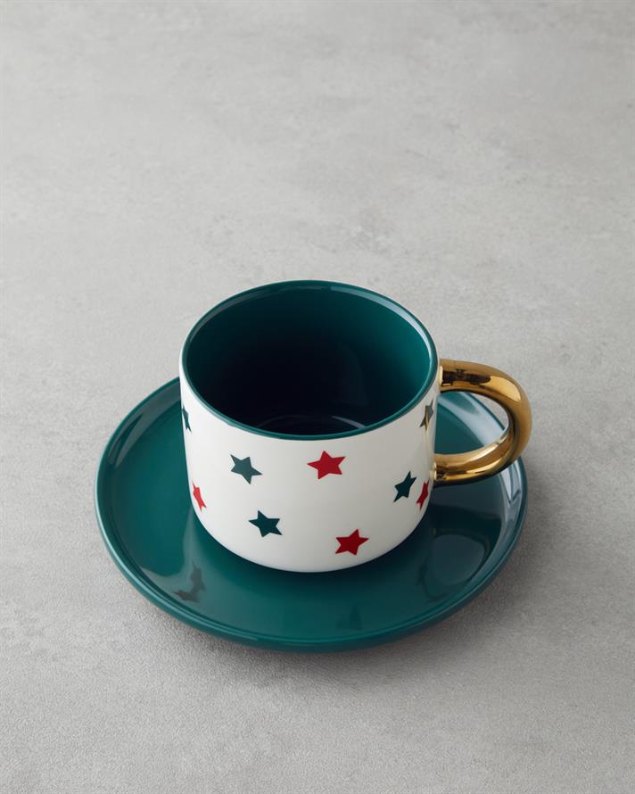 Holiday Shine New Bone China 4 Parça 2 Kişilik Çay Fincanı Takımı 200 ml Kırmızı-Yeşil-Gold