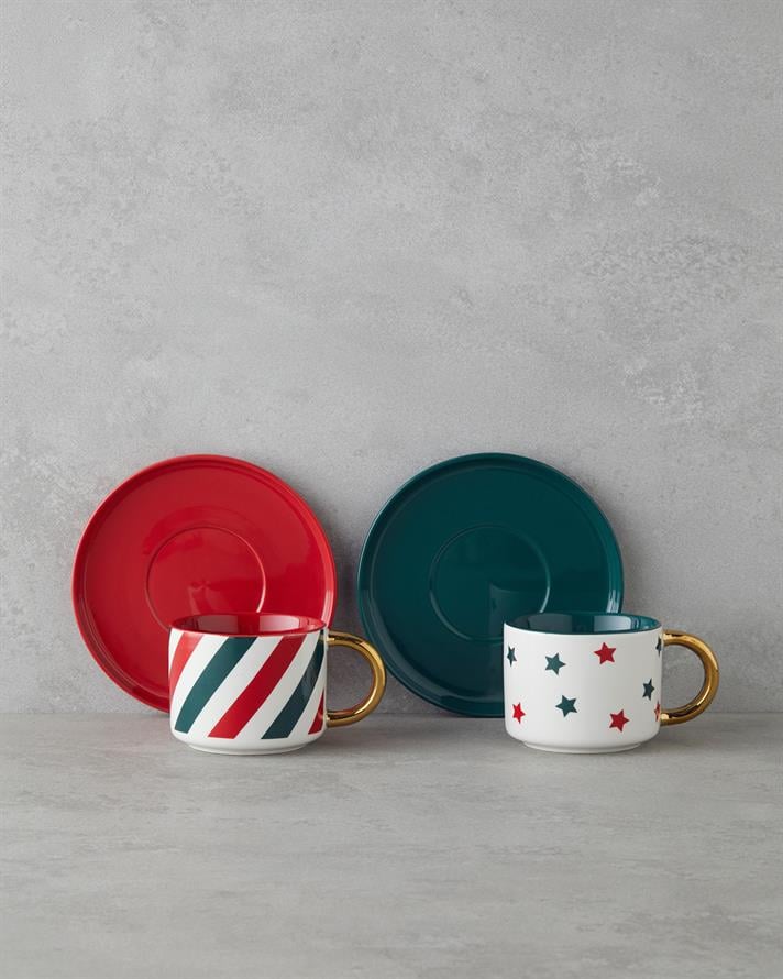 Holiday Shine New Bone China 4 Parça 2 Kişilik Çay Fincanı Takımı 200 ml Kırmızı-Yeşil-Gold