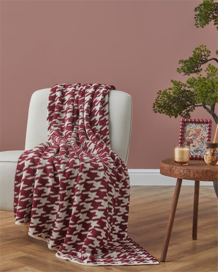 Houndstooth Koltuk Şalı 130x170 cm Bordo