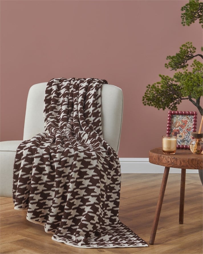 Houndstooth Koltuk Şalı 130x170 cm Kahverengi
