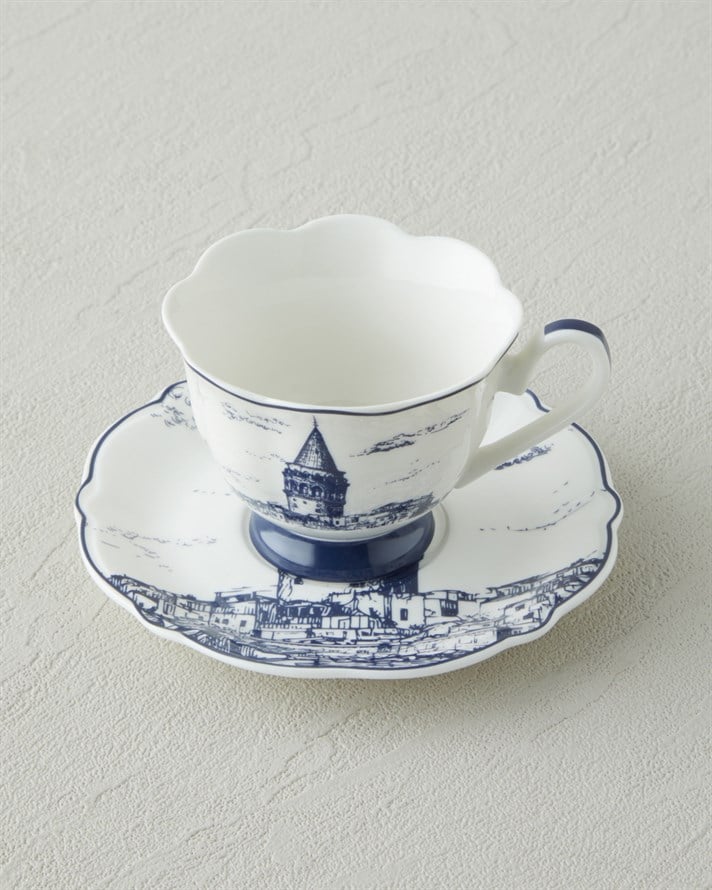 İstanbul New Bone China 4 Parça 2 Kişilik Kahve Fincanı 90 ml Beyaz - Lacivert